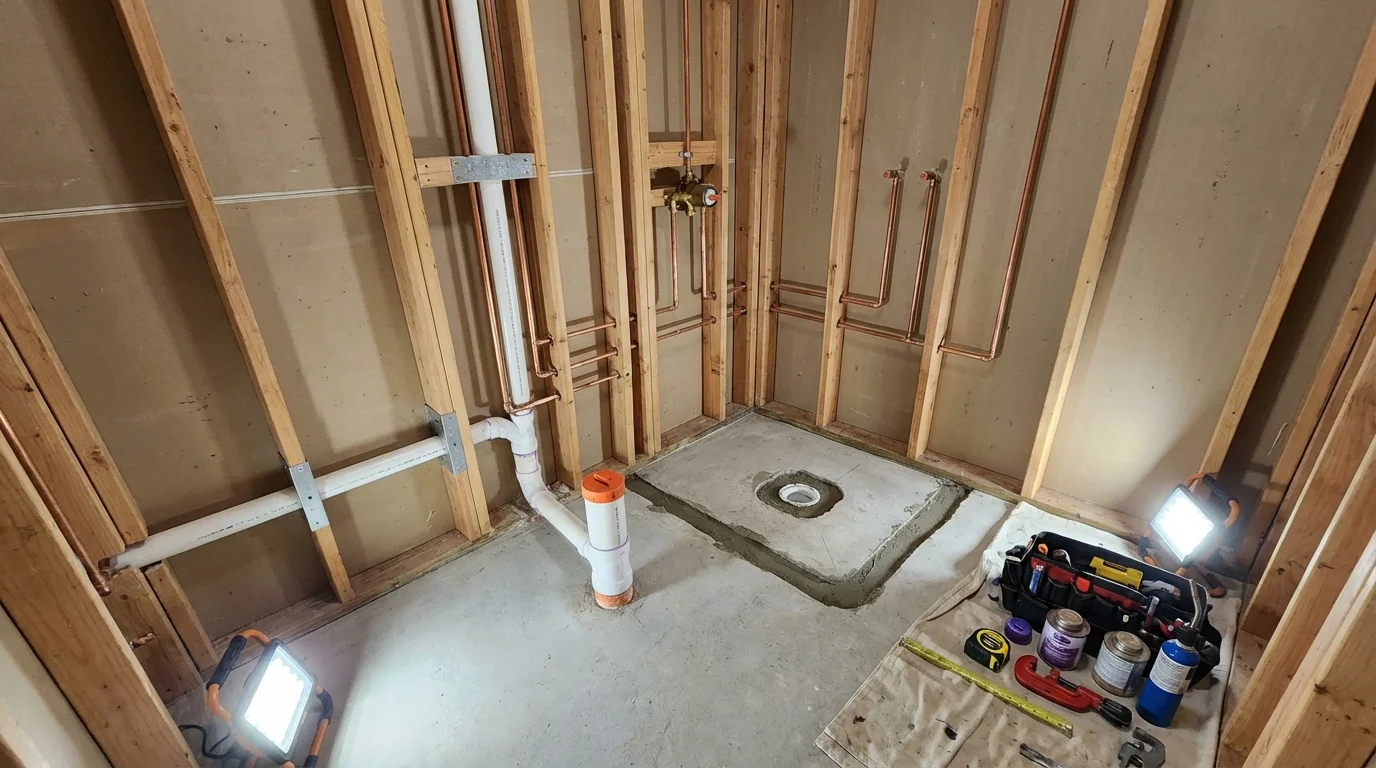 Bathroom rough-in plumbing during remodel by Johns Plumbing LLC in Chickamauga