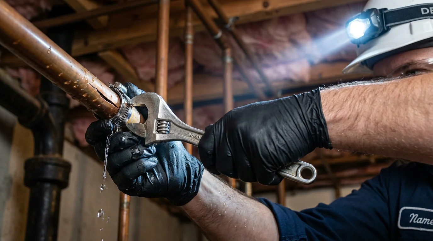 Emergency pipe clamp repair being performed by a Johns Plumbing LLC plumber in Chickamauga